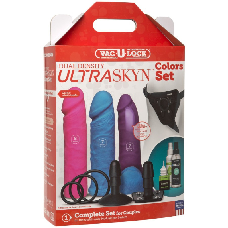 Набір для страпона Doc Johnson Vac-U-Lock Dual Density UltraSKYN Colors Set, діаметр 3х4,5см