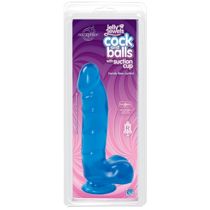 Фалоімітатор Doc Johnson Jelly Jewels Cock and Balls Blue, діаметр 3,6см, антибактеріальний ПВХ