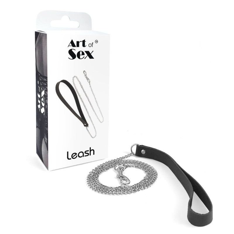 Повідець на ланцюжку з натуральної шкіри Art of Sex - Leash, Чорний