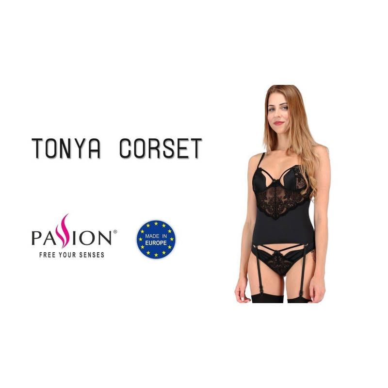 Корсет з пажами TONYA CORSET black L/XL - Passion Exclusive, трусики