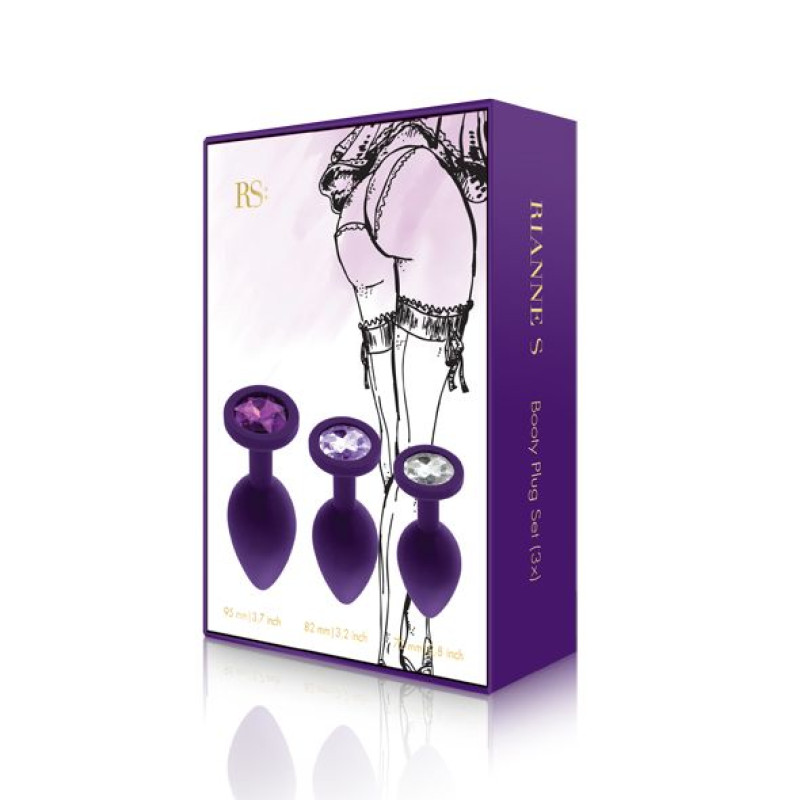 Набір анальних пробок з кристалом Rianne S: Booty Plug Set Purple, діаметр 2,7см, 3,5см, 4,1см