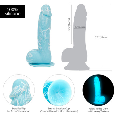 Фалоімітатор ADDICTION - LUKE - 7.5 "- BLUE G.I.D./W PB, 19 см, світиться в темряві, силікон
