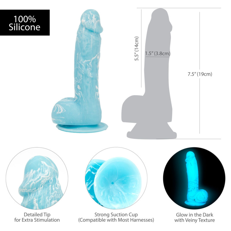 Фалоімітатор ADDICTION - LUKE - 7.5 "- BLUE G.I.D./W PB, 19 см, світиться в темряві, силікон