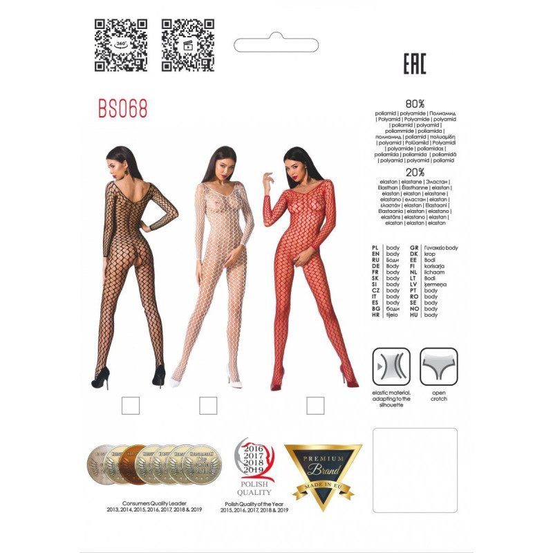 Еротичне бодістокінг Passion BS068 red, комбінезон, велика сітка, довгий рукав