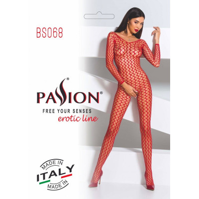 Еротичне бодістокінг Passion BS068 Red, комбінезон, велика сітка, довгий рукав