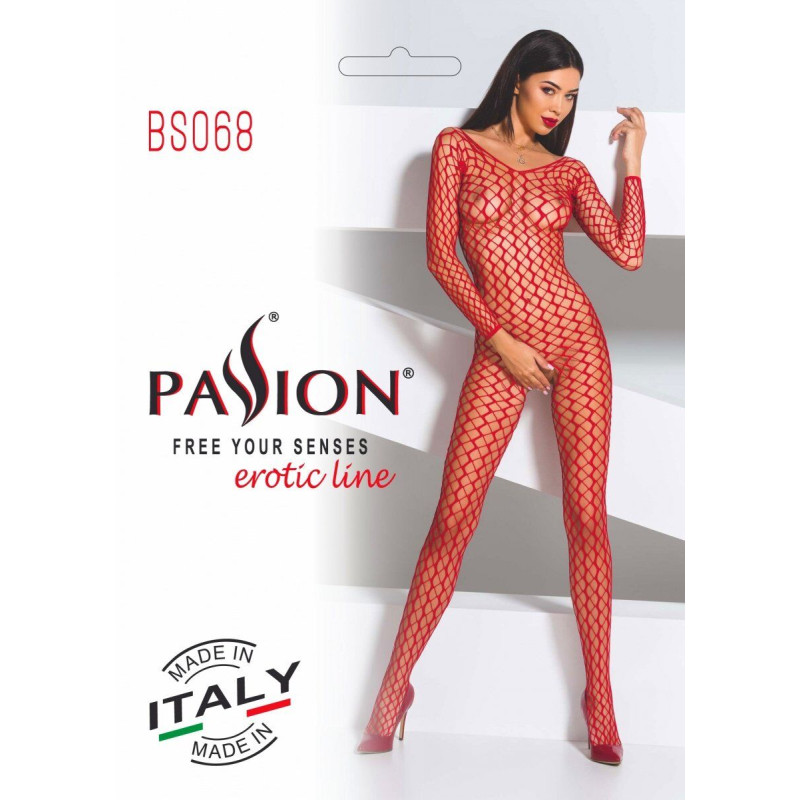 Еротичне бодістокінг Passion BS068 red, комбінезон, велика сітка, довгий рукав