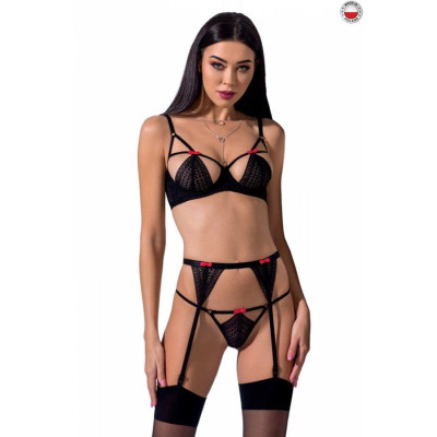 Комплект білизни PERDITA SET black XXL/XXXL - Passion Exclusive: стрепи: ліф, стрінги і пасок для панчіх
