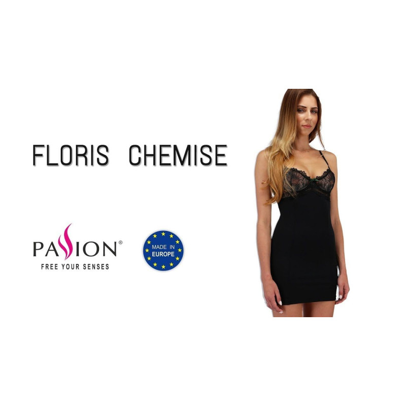 Сорочка приталена з чашечками FLORIS CHEMISE black S/M - Passion Exclusive, трусики