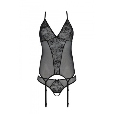 Корсет Passion Ursula Corset black XXL/XXXL, з пажами, трусики з ажурним декором та відкритим кроком
