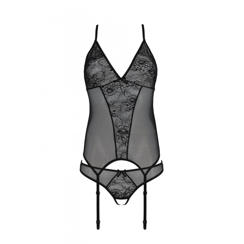Корсет Passion Ursula Corset black S/M, з пажами, трусики з ажурним декором та відкритим кроком