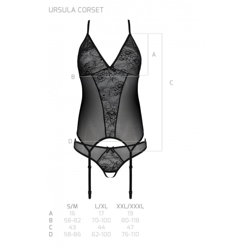 Корсет Passion Ursula Corset black XXL/XXXL, з пажами, трусики з ажурним декором та відкритим кроком