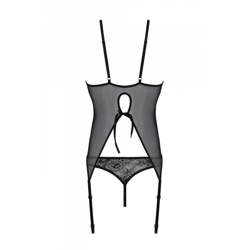 Корсет Passion Ursula Corset black S/M, з пажами, трусики з ажурним декором та відкритим кроком
