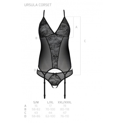 Корсет Passion Ursula Corset Black S/M, з пажами, трусики з ажурним декором та відкритим кроком