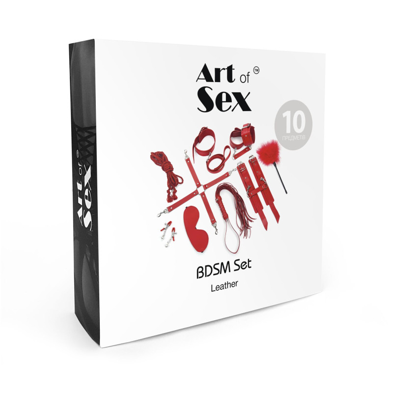 Набір для БДСМ Art of Sex - BDSM Set Leather, 10 предметів, натуральна шкіра, Чорний