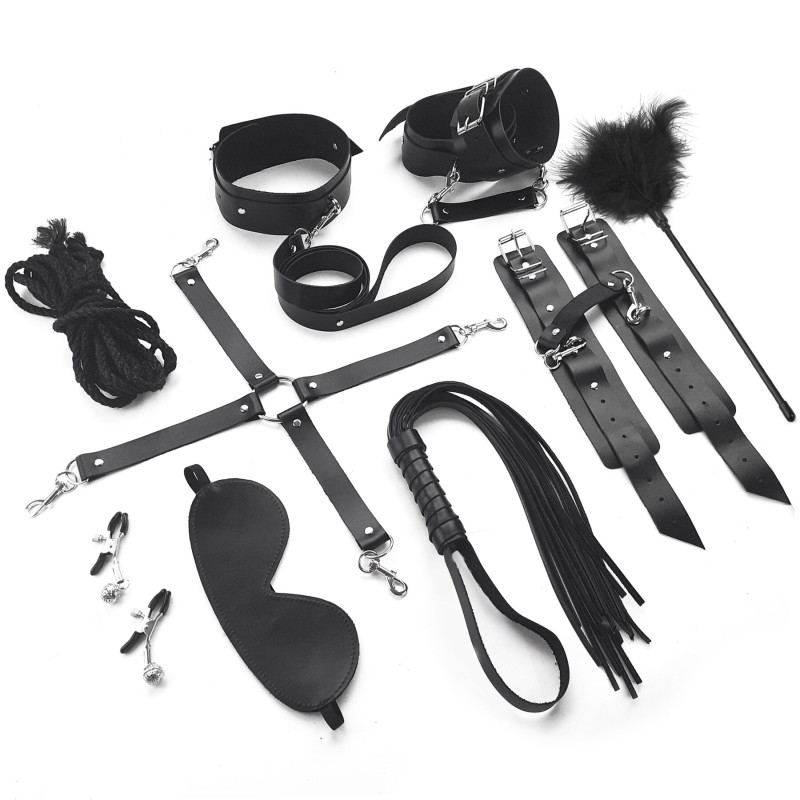 Набір для БДСМ Art of Sex - BDSM Set Leather, 10 предметів, натуральна шкіра, Чорний