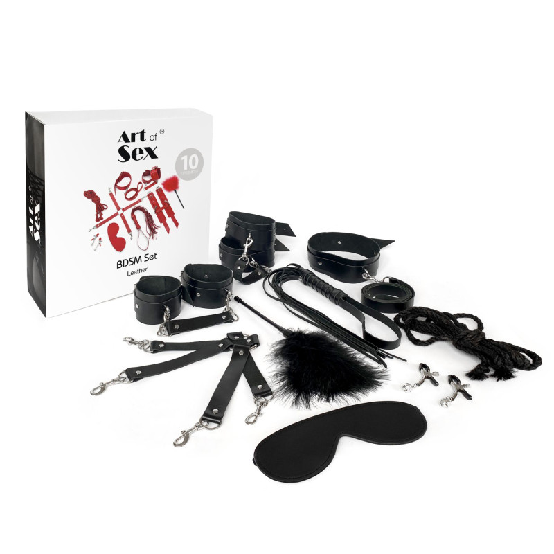 Набір для БДСМ Art of Sex - BDSM Set Leather, 10 предметів, натуральна шкіра, Чорний