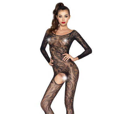 Еротичне бодістокінг Passion BS042 black, комбінезон, довгий рукав, закрите плече