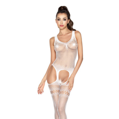 Еротичне бодістокінг Passion BS038 white, комбінезон, імітація панчіх і паска