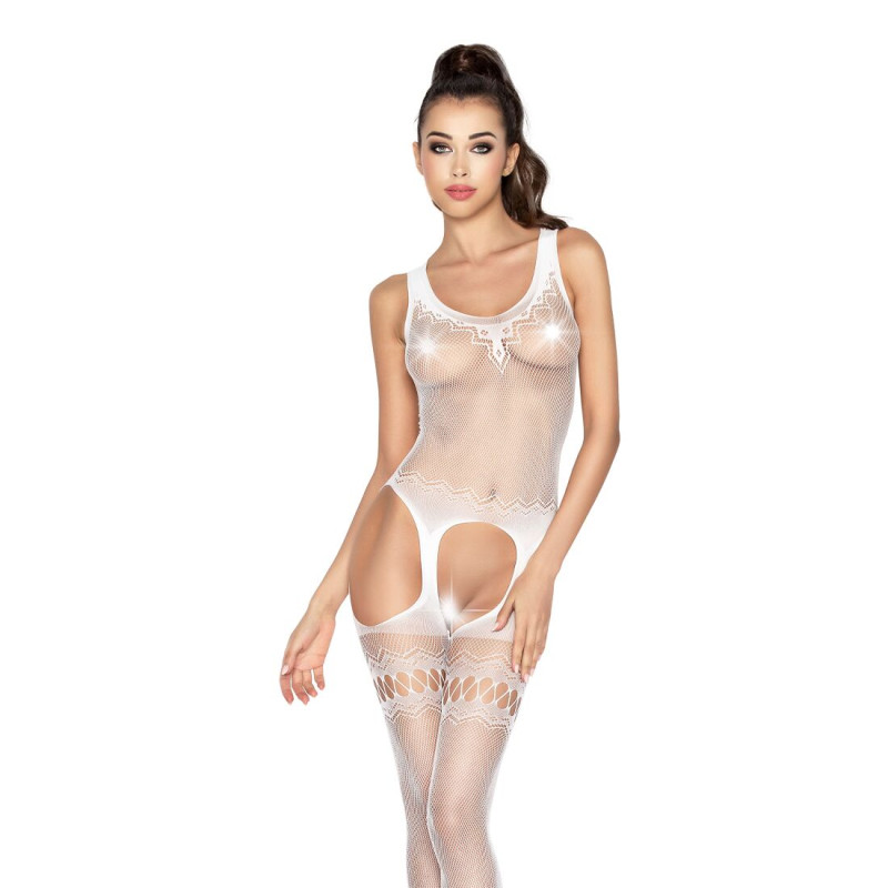Еротичне бодістокінг Passion BS038 white, комбінезон, імітація панчіх і паска