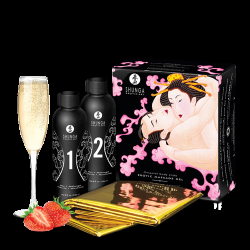 Гель для NURU масажу Shunga Oriental Body-to-Body - Полуничне шампанське (2 x 225 мл) плюс простирадло