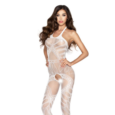 Еротичне бодістокінг Passion BS037 white, комбінезон, відкрита спина, халтер