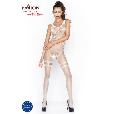 Еротичне бодістокінг Passion BS045 white, комбінезон, імітація панчіх і еротичне боді