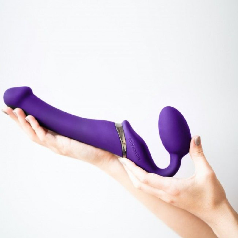 Безремневий страпон з вібрацією Strap-On-Me Vibrating Violet M діаметр 3,3см, пульт ДУ, регульований