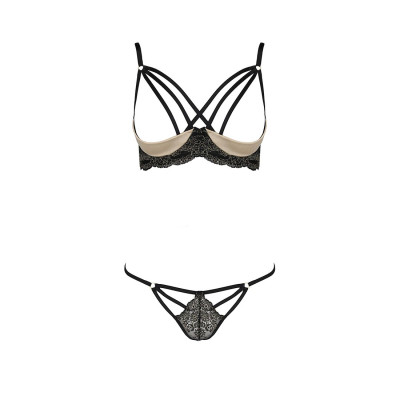 Комплект білизни VALERY SET OpenBra black XXL/XXXL - Passion Exclusive: стрепи: трусики, відкритий ліф