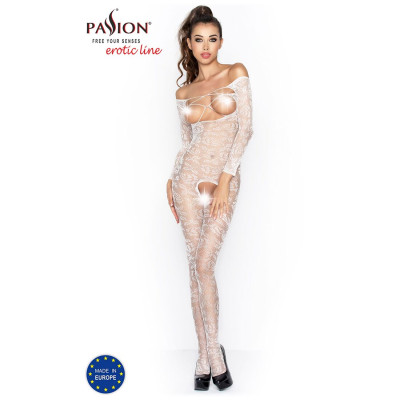 Еротичне бодістокінг Passion BS031 white, комбінезон з відкритими грудьми