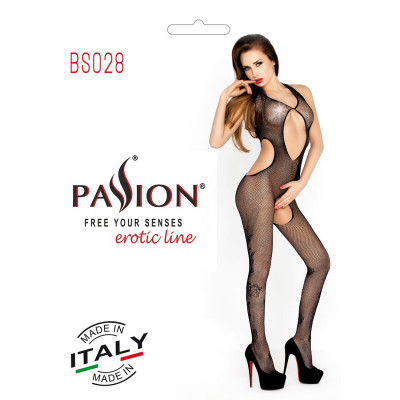 Еротичне бодістокінг Passion BS028 black, комбінезон, дрібна сіточка з квітковим малюнком на ногах