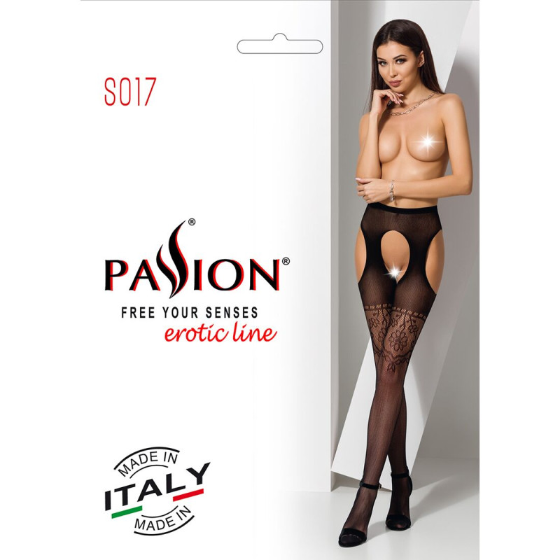 Еротичні колготки-бодістокінг Passion S017 black, імітація ажурних панчіх і паска