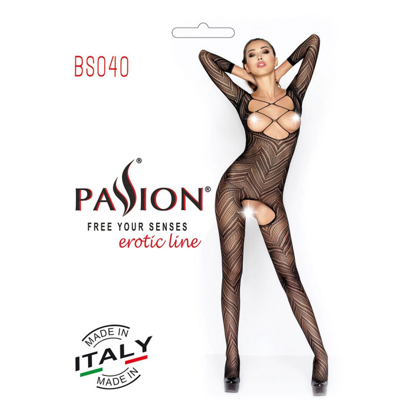 Еротичне бодістокінг Passion BS040 black, комбінезон з відкритими грудьми