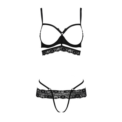 Комплект білизни SARIA SET OpenBra Black XXL/3XL - Passion Exclusive: стрепи: откртий ліф, стрінги