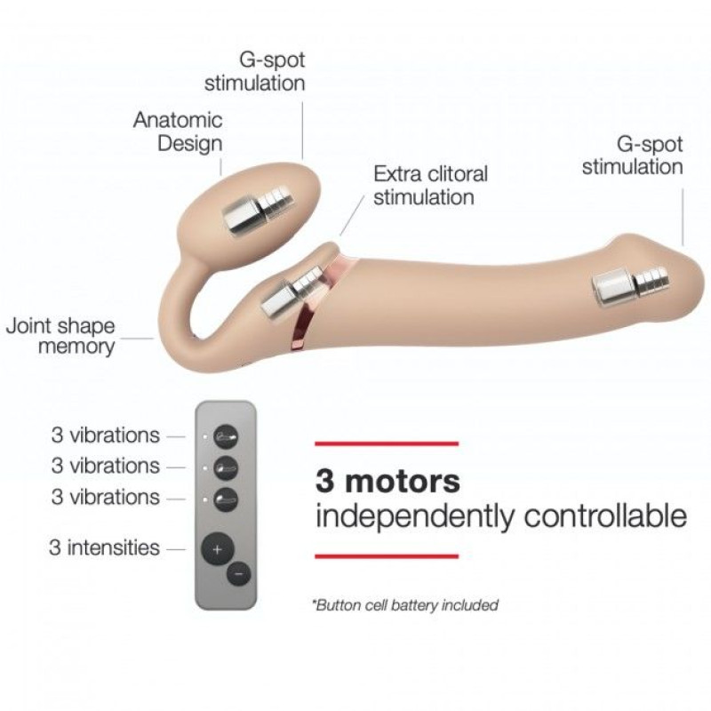 Безремневий страпон з вібрацією Strap-On-Me Vibrating Flesh L, діаметр 3,7см, пульт ДУ, регульований