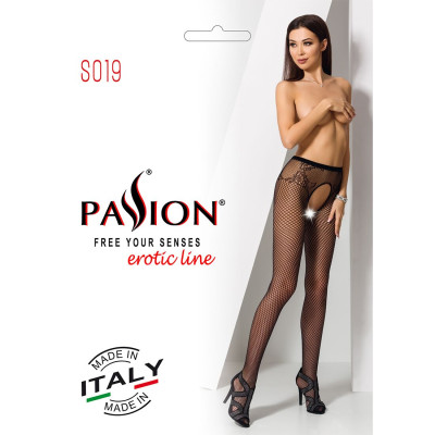 Еротичні колготки-бодістокінг Passion S019 black, імітація трусиків ажурних з доступом, в сіточку