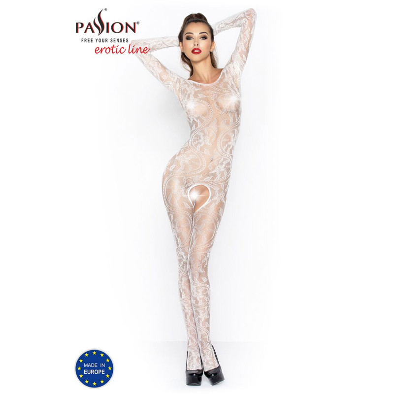 Еротичне бодістокінг Passion BS042 white, комбінезон, довгий рукав, закрите плече
