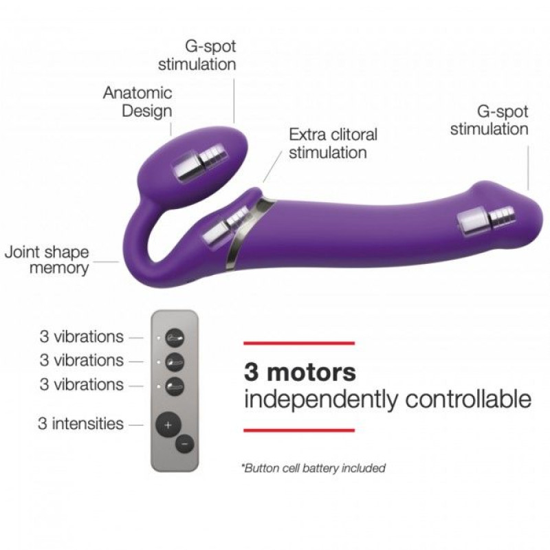 Безремневий страпон з вібрацією Strap-On-Me Vibrating Violet M діаметр 3,3см, пульт ДУ, регульований