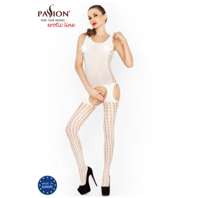 Еротичне бодістокінг Passion BS029 white, комбінезон, імітація панчіх і паска