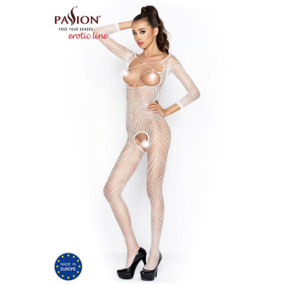 Еротичне бодістокінг Passion BS040 white, комбінезон з відкритими грудьми