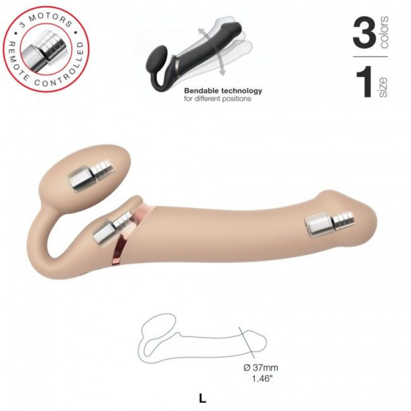 Безремневий страпон з вібрацією Strap-On-Me Vibrating Flesh L, діаметр 3,7см, пульт ДУ, регульований
