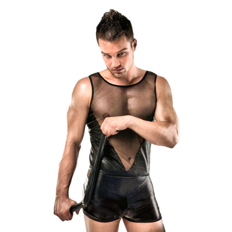Комплект білизни Passion 016 SET black L/XL, шортики плаття латекс і напівпрозора маєчка