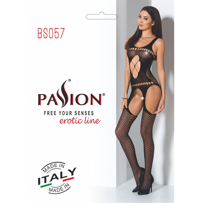 Еротичне бодістокінг Passion BS057 black, комбінезон, імітація панчіх і паска