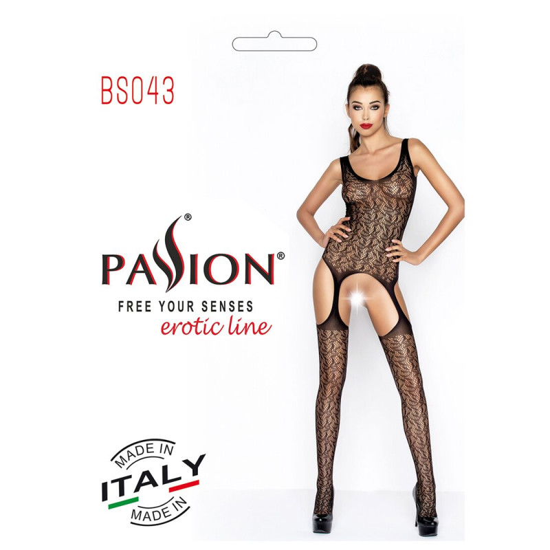 Еротичне бодістокінг Passion BS043 black, комбінезон, імітація панчіх