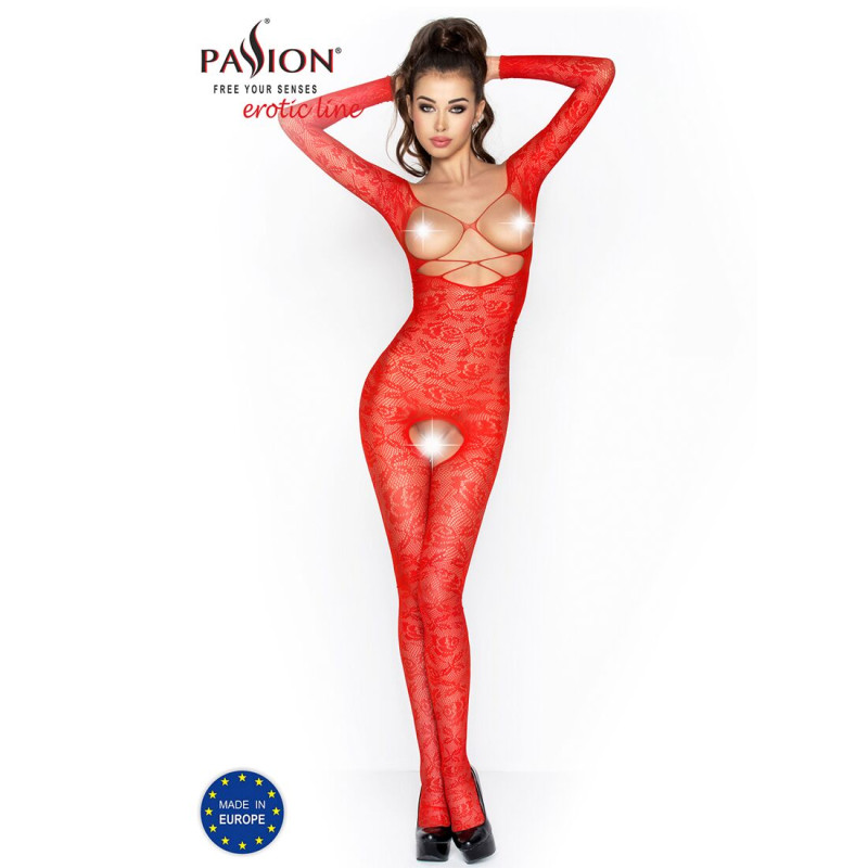 Еротичне бодістокінг Passion BS031 red, комбінезон з відкритими грудьми