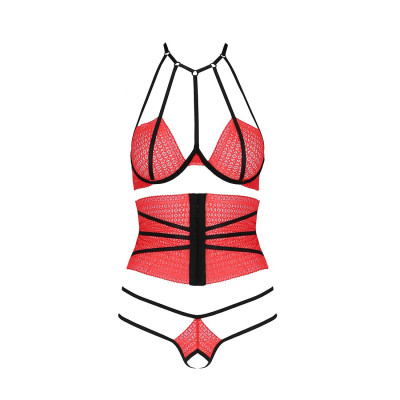 Комплект білизни AKITA SET red L/XL - Passion Exclusive: широкий пасок, ліф, стрінги