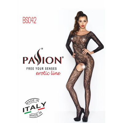 Еротичне бодістокінг Passion BS042 black, комбінезон, довгий рукав, закрите плече