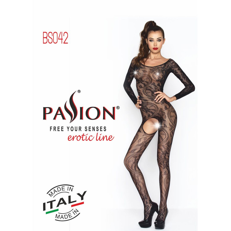 Еротичне бодістокінг Passion BS042 black, комбінезон, довгий рукав, закрите плече