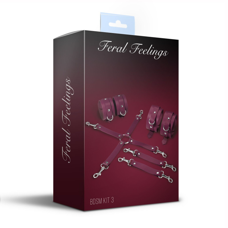 Набір Feral Feelings BDSM Kit 3 Burgundy, наручники, поножі, конектор