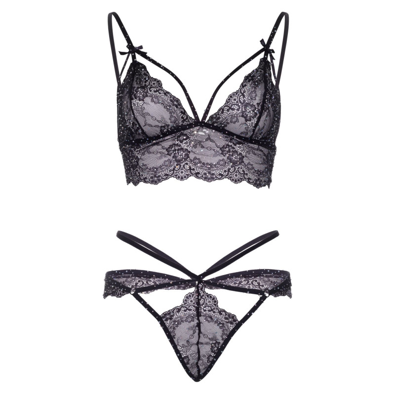 Еротичний комплект зі стрепами та стразами Leg Avenue Ready Or Not S Black, бра + стрінги