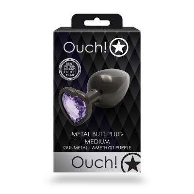 Металева анальна пробка Ouch! Heart Gem M, чорно/фіолетова